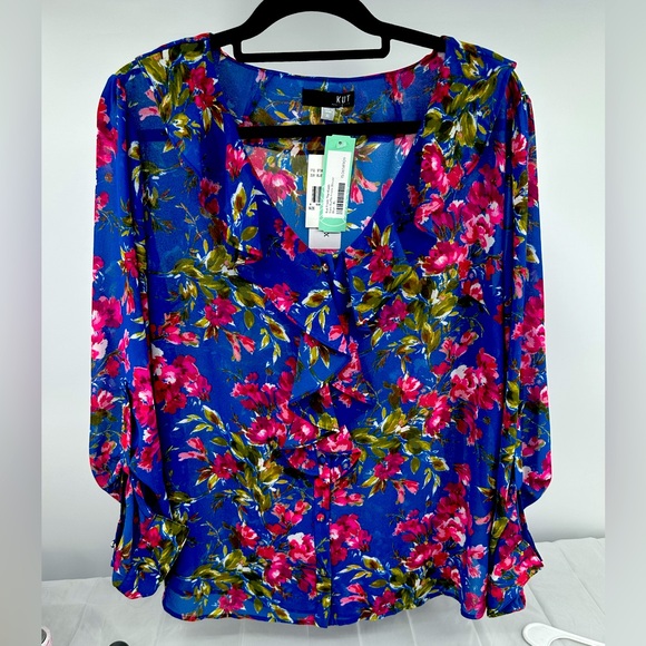 Kut From The Kloth Womens Size XL Blue Pink Floral Long Sleeve Ruffle Button Up - Picture 1 of 10